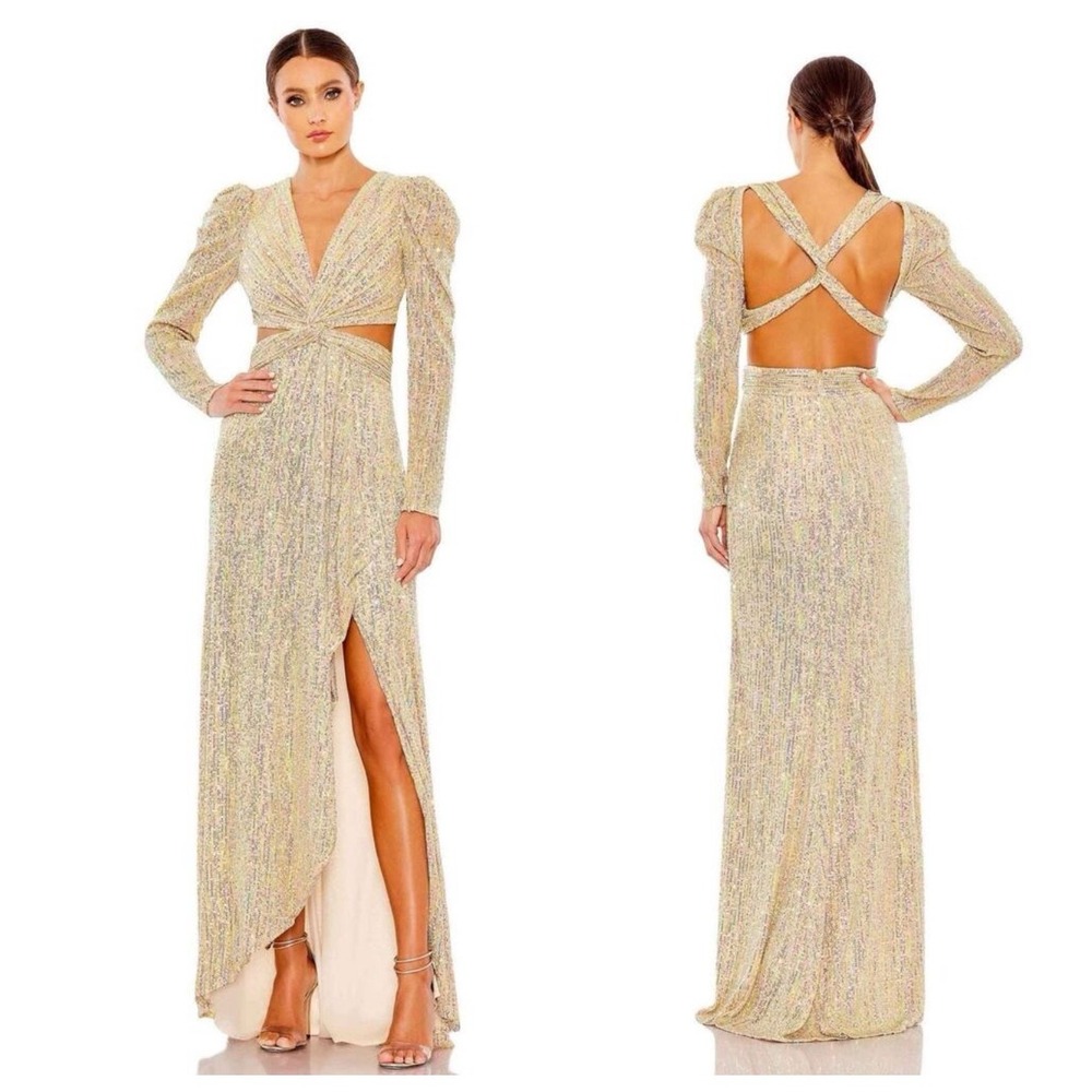 NWT Mac Duggal Metallic Puff Sleeve Front Twist Gown Gold 27050 Sz 4 $298